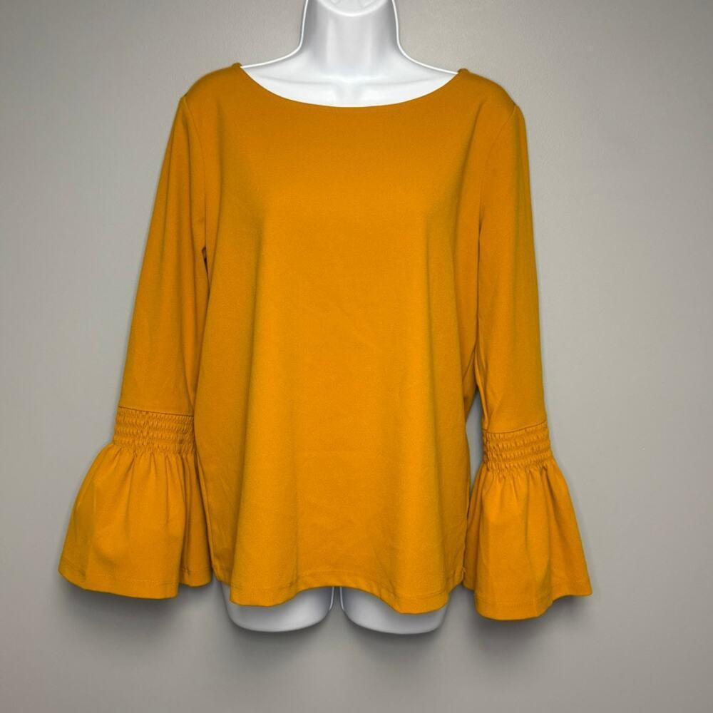 Ann Taylor Fall Boho‎ Hippie Mustard Bell Sleeve Boat Neck Blouse Womens Sz M
